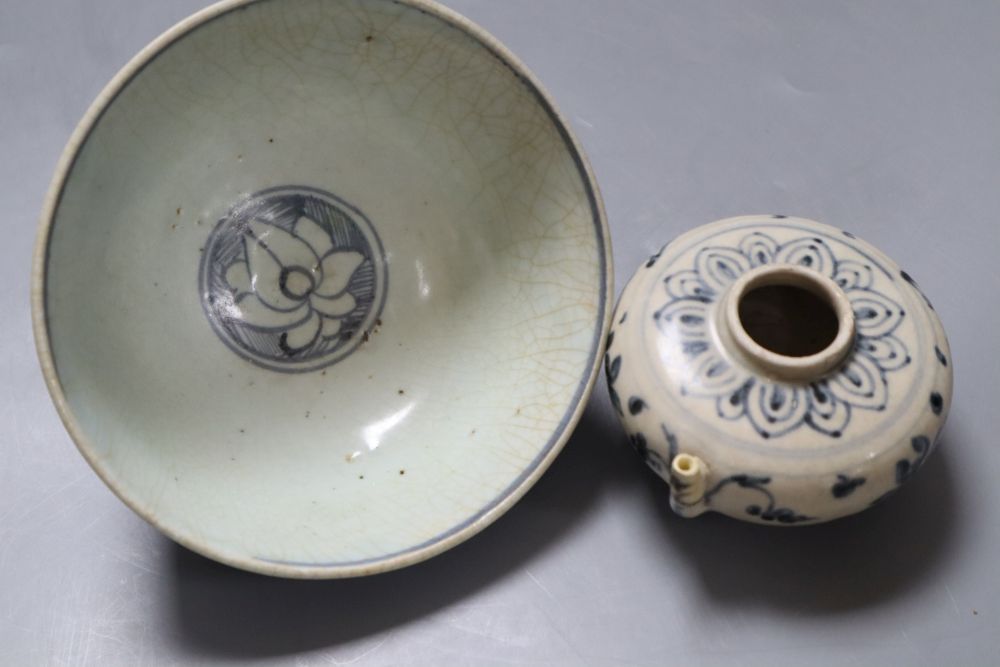 A Chinese Middle Ming Dynasty blue and white Lotus Flower bowl and a Vietnamese Hoi An Hoard blue and white water dropper